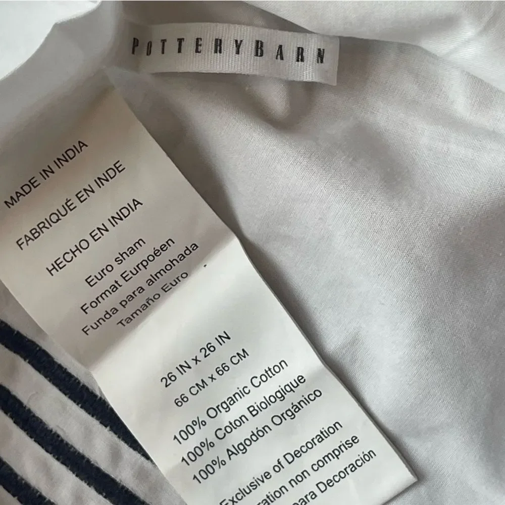 Pottery Barn Organic Cotton White with Black Cotton Percale Euro Sham 26” Square